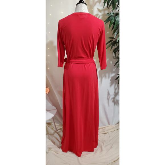 Soft Surroundings Faux Wrap Tie Waist Maxi Dress Size S Red 1/2 Sleeve V-Neck - Picture 3 of 10